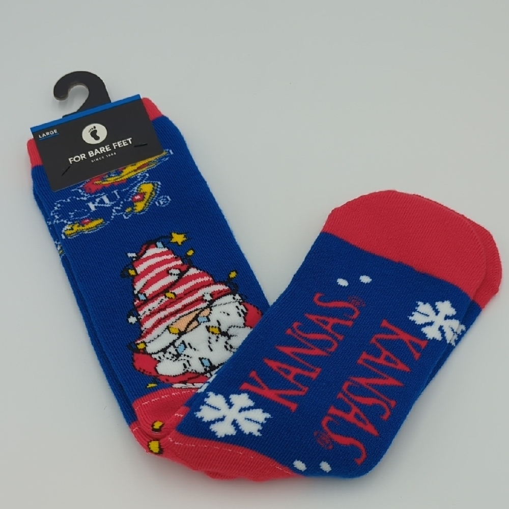 For Bare Feet KU Kansas University Holiday Socks Men's Large Blue Snowflakes NWT